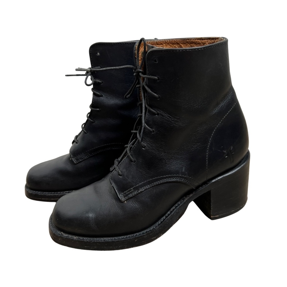 FRYE Combat Black Leather Lace Up Booties Boots Size 5.5 - Picture 1 of 16